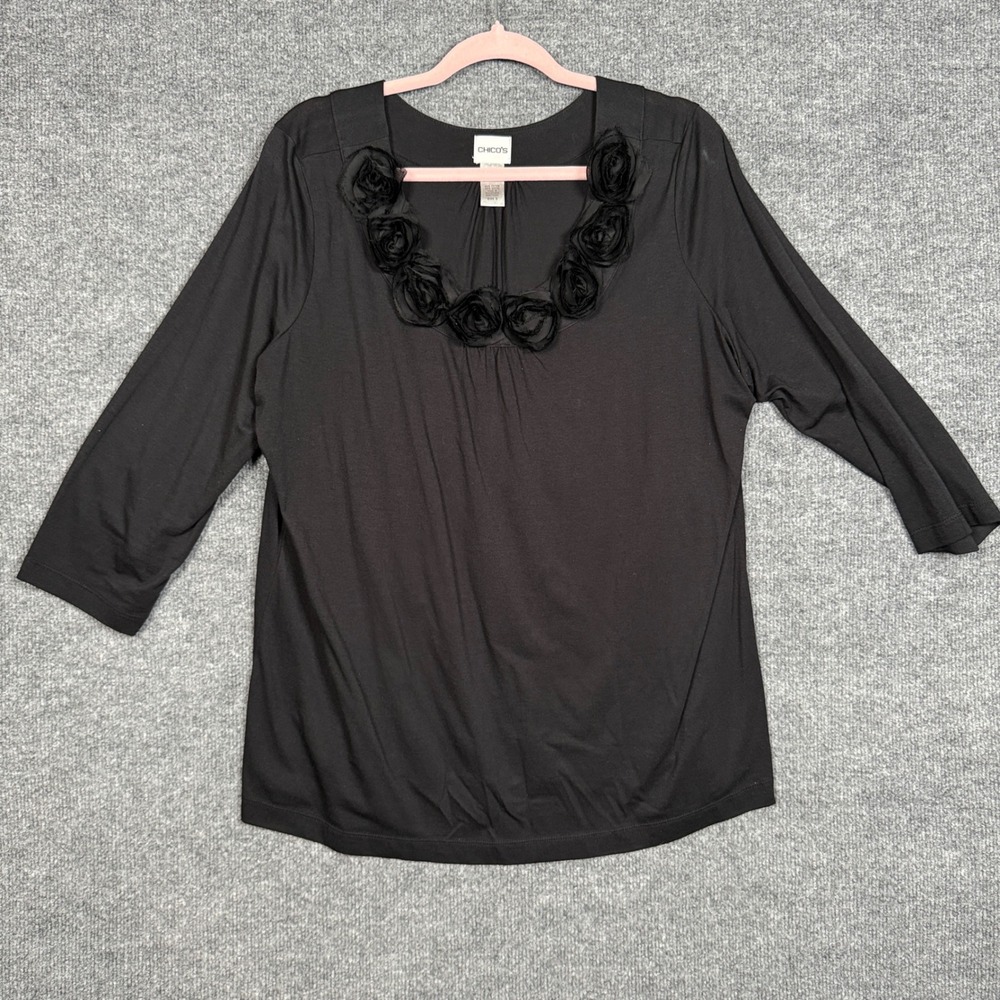 Chico's Size 3 US XL Top Blouse Black Rose Flower Trim Cotton Modal 3/4 Sleeves